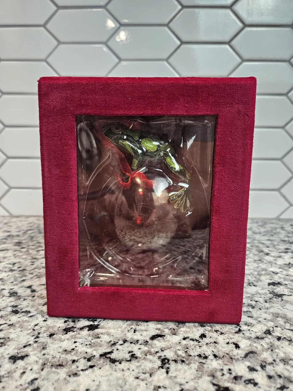 Cloisonne Green Frog Ornament on Red Glass Holiday Ball